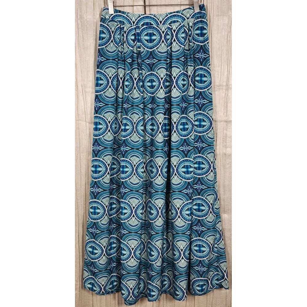 Pleated Maxi Skirt Green Turquoise Ornate Medallion Print Summer Global Boho S